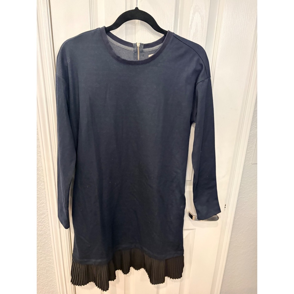 Padini Authentics Dress Navy Blue Pleated Hem Long Sleeve Shift Mini Casual